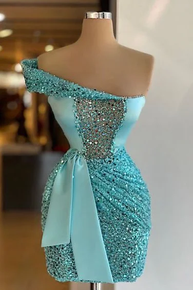 One Shoulder Short Sequined Prom Dress Ruffles Tight Homecoming Dress pool