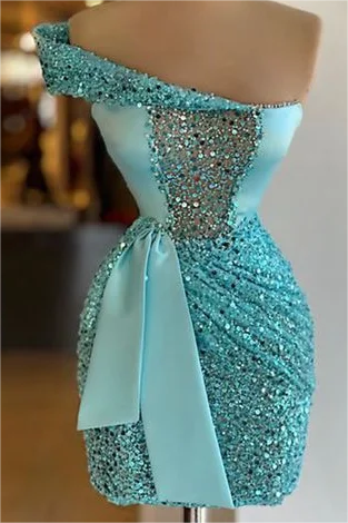 One Shoulder Short Sequined Prom Dress Ruffles Tight Homecoming Dress pool