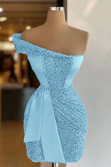 One Shoulder Short Sequined Prom Dress Ruffles Tight Homecoming Dress Sky Blue