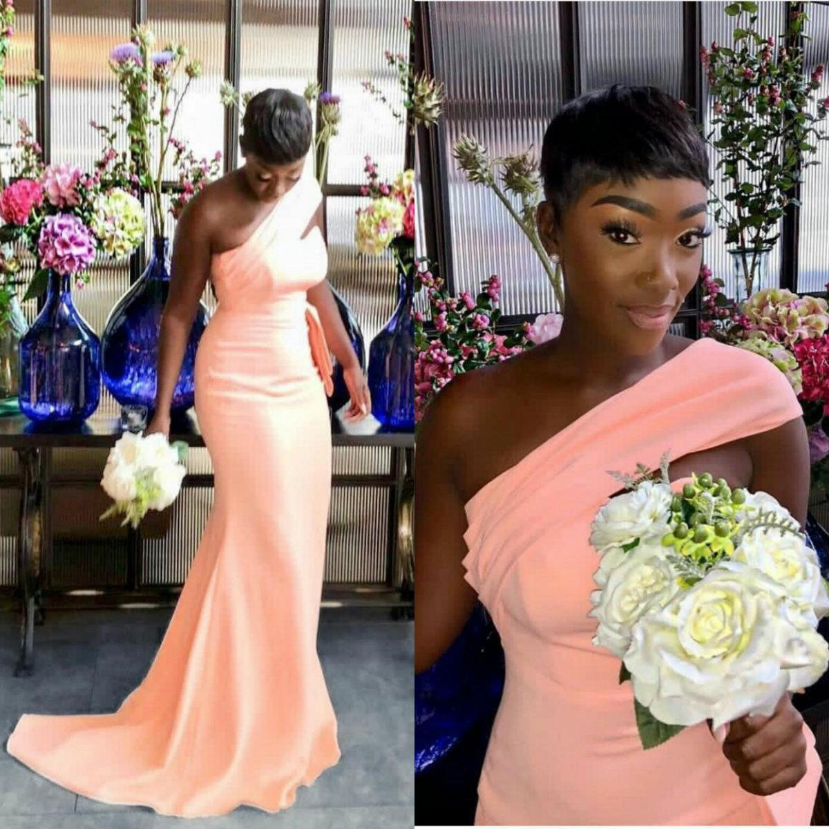 One shoulder pink spandex column bridesmaid dress