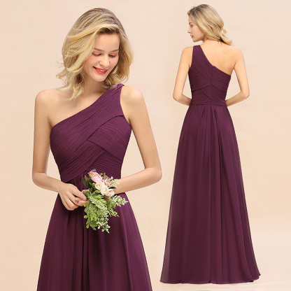 Elegant Ruffles One Shoulder Bridesmaid Dress Long | A-Line Sleeveless Evening Dresses