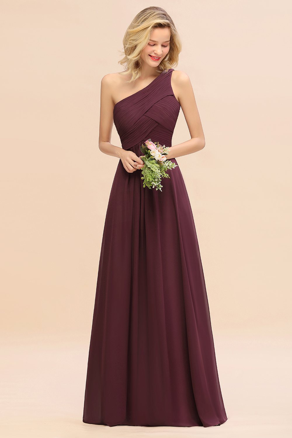 Elegant Ruffles One Shoulder Bridesmaid Dress Long | A-Line Sleeveless Evening Dresses