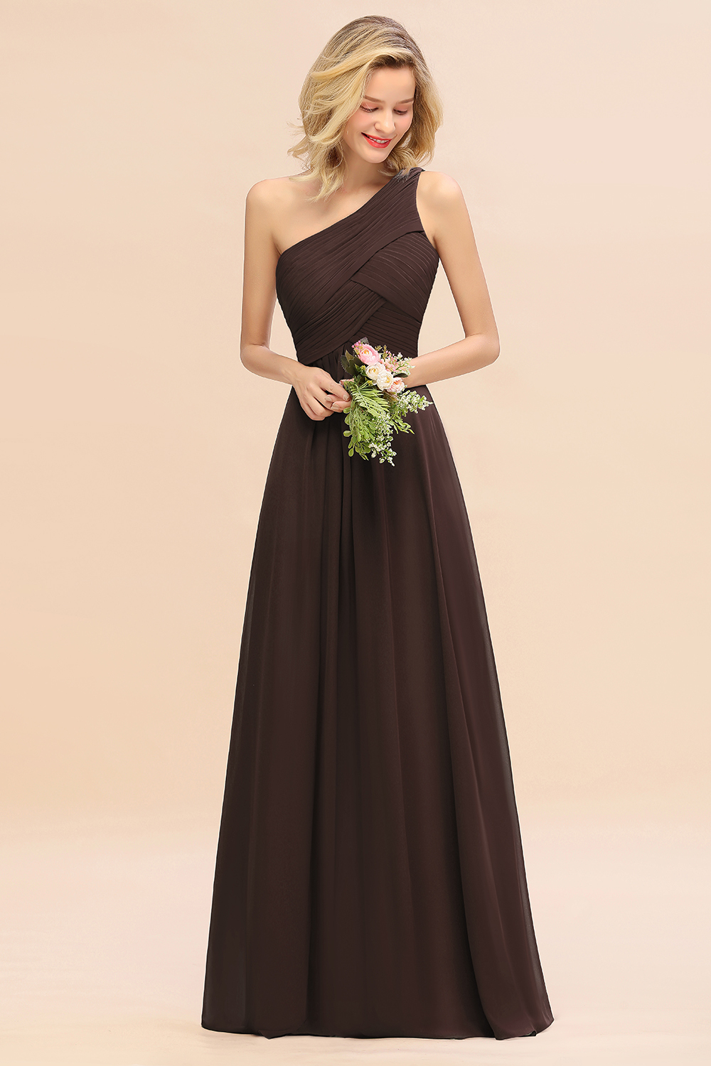 Elegant Ruffles One Shoulder Bridesmaid Dress Long | A-Line Sleeveless Evening Dresses