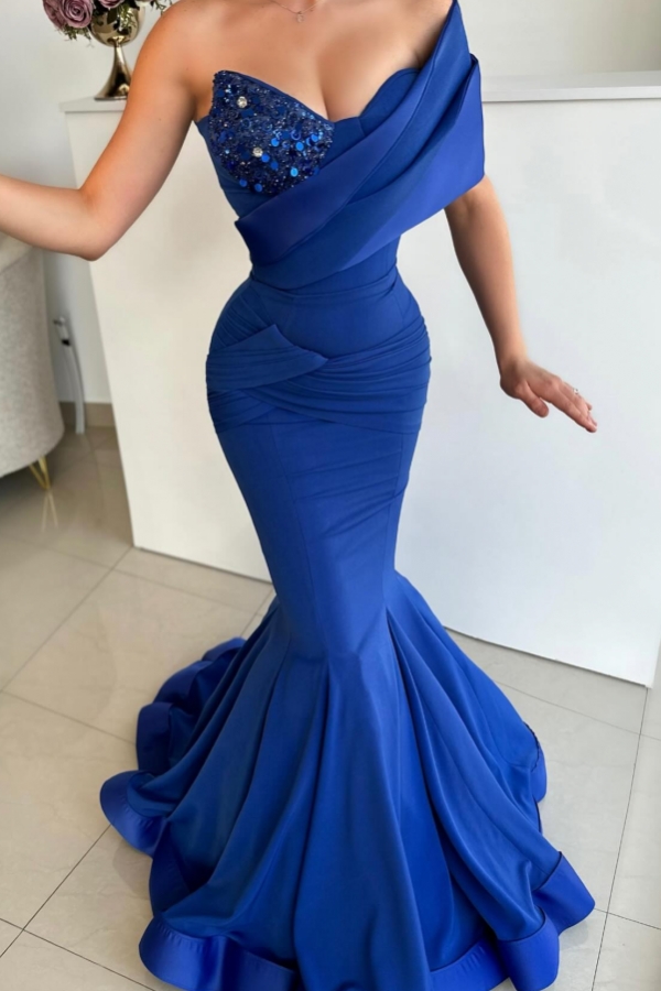 One shoulder Royal Blue Mermaid Cap sleeves Prom Dresses