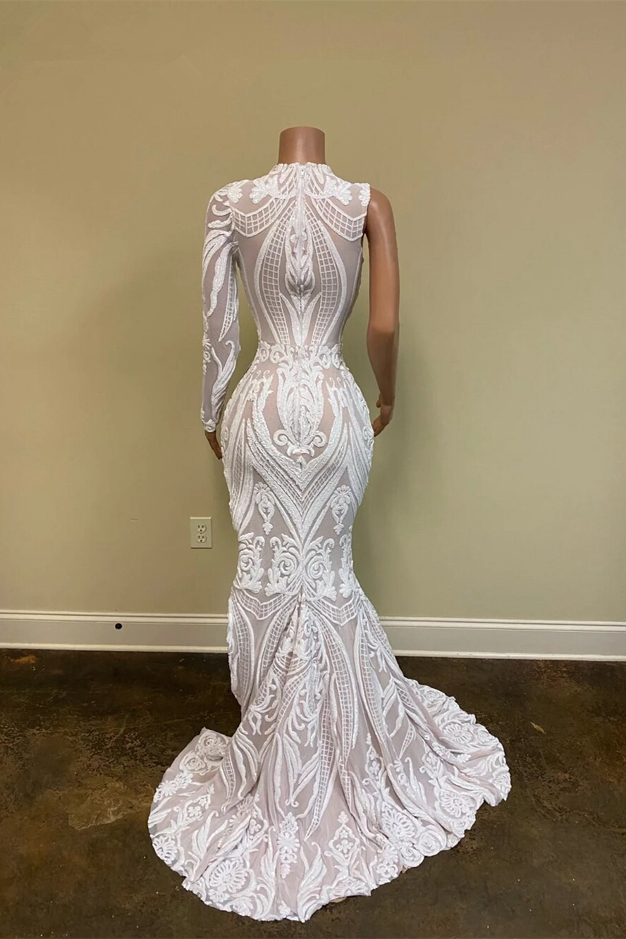 One shoulder Satin White High split Mermaid Prom Dresses