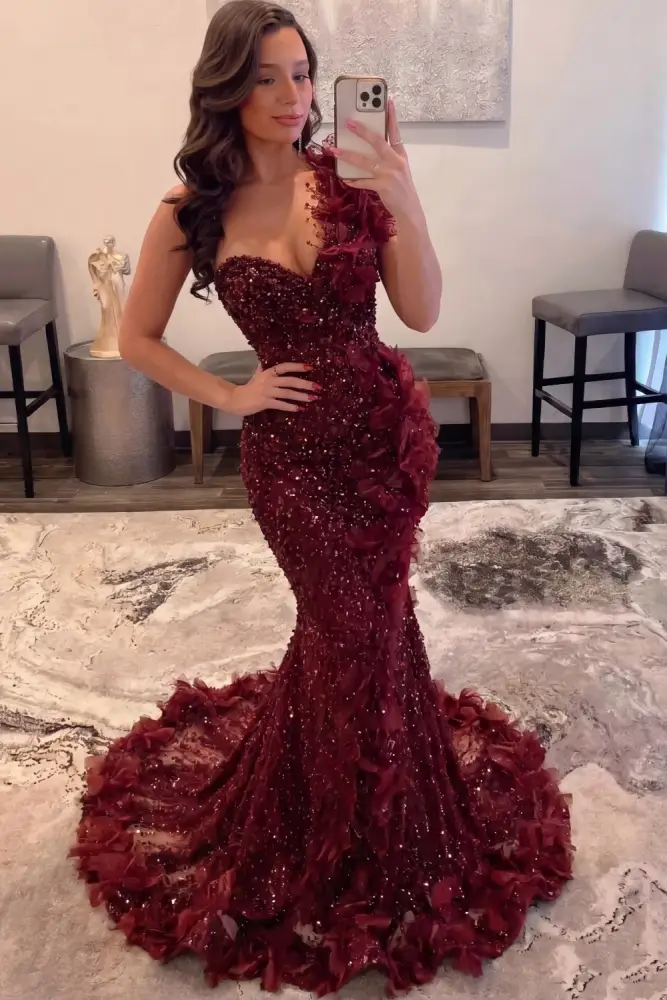 Luxury One Shoulder Sequins Mermaid Prom Dress with Beadings Evening Gown Appliques