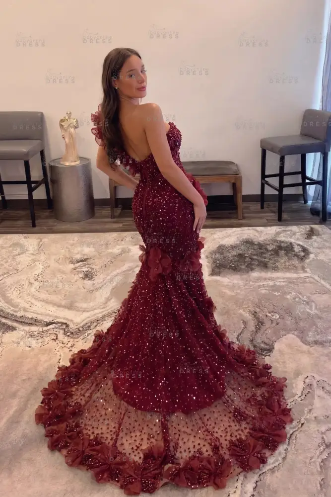 Luxury One Shoulder Sequins Mermaid Prom Dress with Beadings Evening Gown Appliques