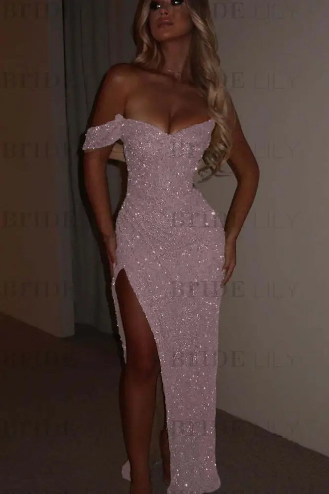 Dusty Pink One Shoulder Sequins Prom Dress Mermaid Long with Side Split