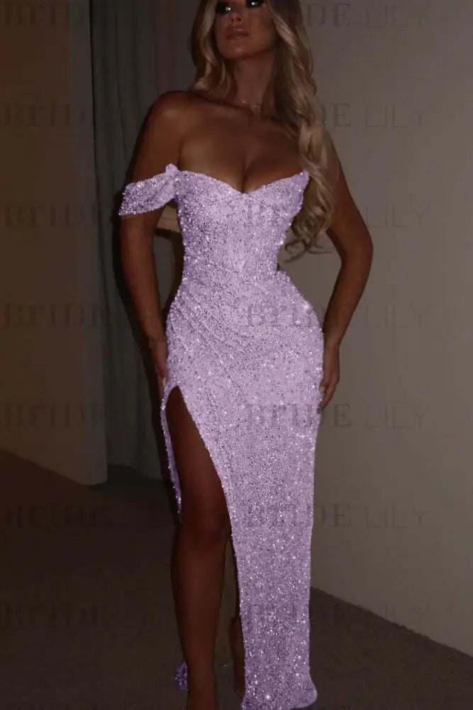 Lilac One Shoulder Sequins Prom Dress Mermaid Long with Side Split