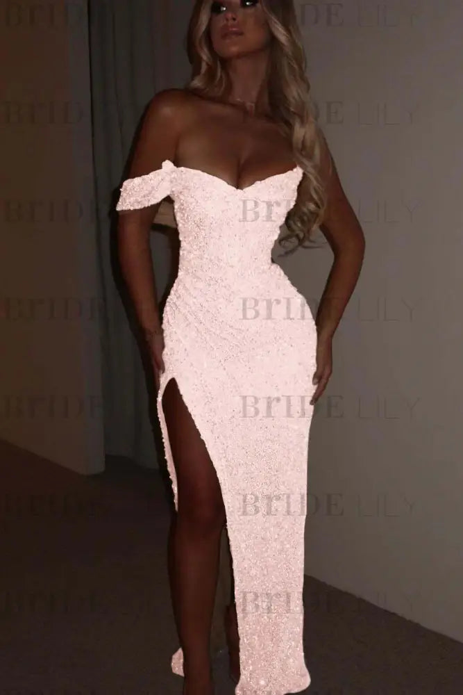 Pearl Pink One Shoulder Sequins Prom Dress Mermaid Long with Side Split