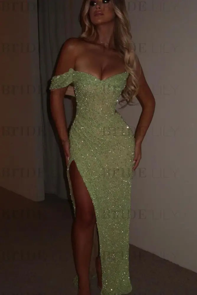 Sage One Shoulder Sequins Prom Dress Mermaid Long with Side Split
