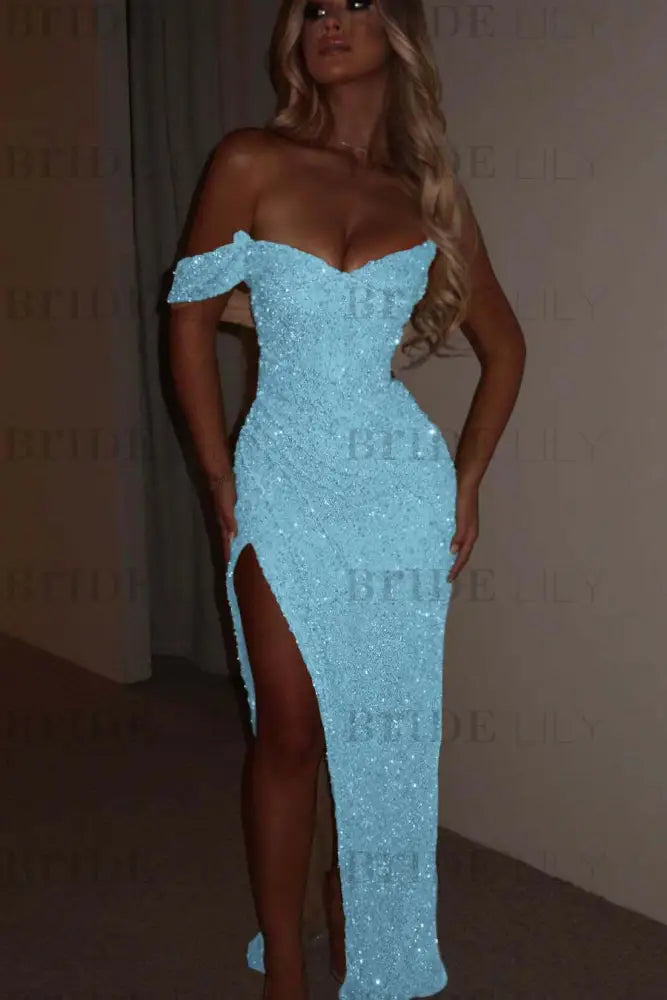 Sky Blue One Shoulder Sequins Prom Dress Mermaid Long with Side Split