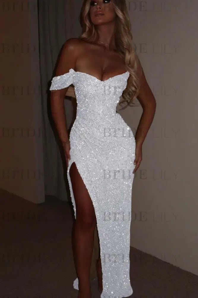 White One Shoulder Sequins Prom Dress Mermaid Long with Side Split