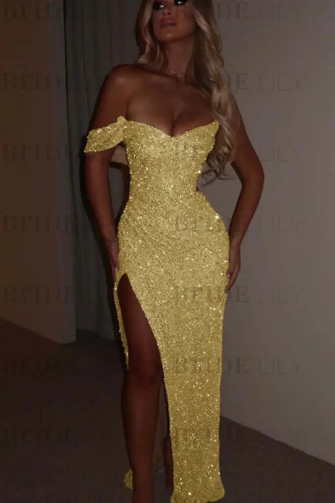 Yellow One Shoulder Sequins Prom Dress Mermaid Long with Side Split