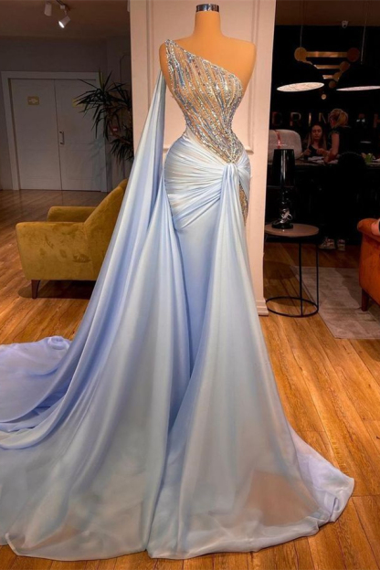 One shoulder Sky Blue Mermaid Satin Prom Dresses