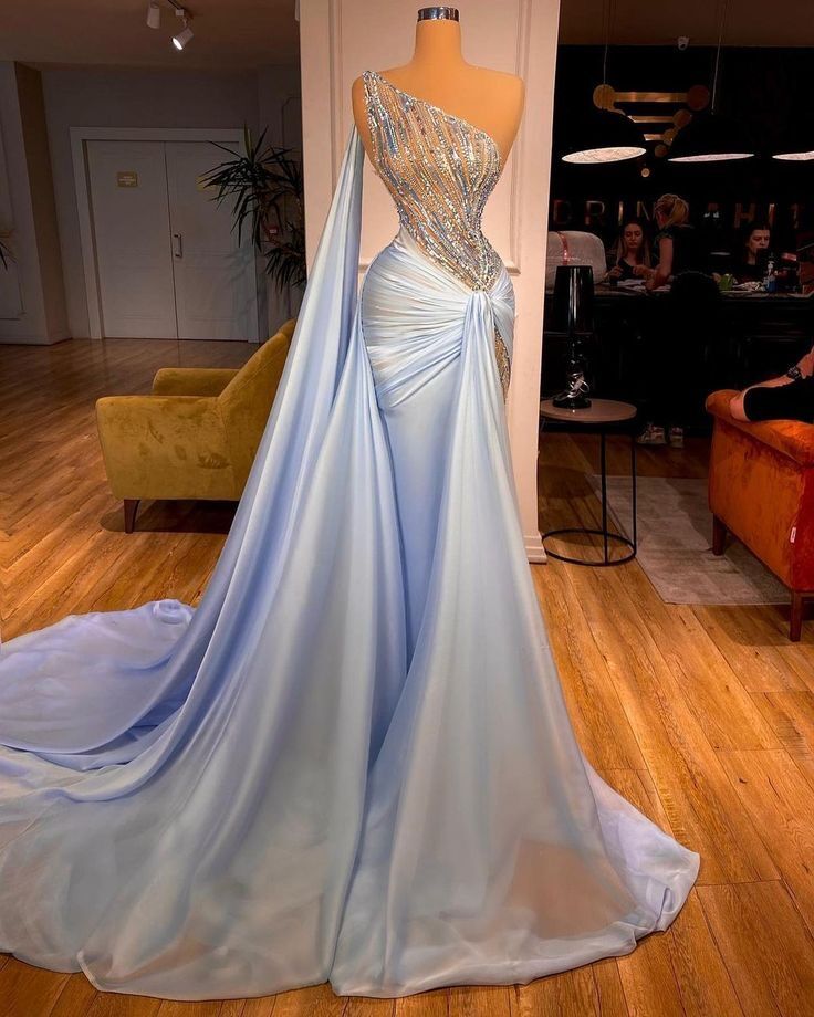 One shoulder Sky Blue Mermaid Satin Prom Dresses
