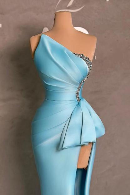 One shoulder Sky Blue Satin High Split Prom Dresses
