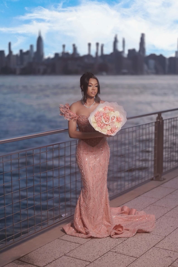 Asymmetric Sleeveless Sequins Mermaid Prom Dress Appliques Beadings Pink Evening Dress