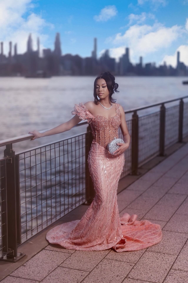 Asymmetric Sleeveless Sequins Mermaid Prom Dress Appliques Beadings Pink Evening Dress