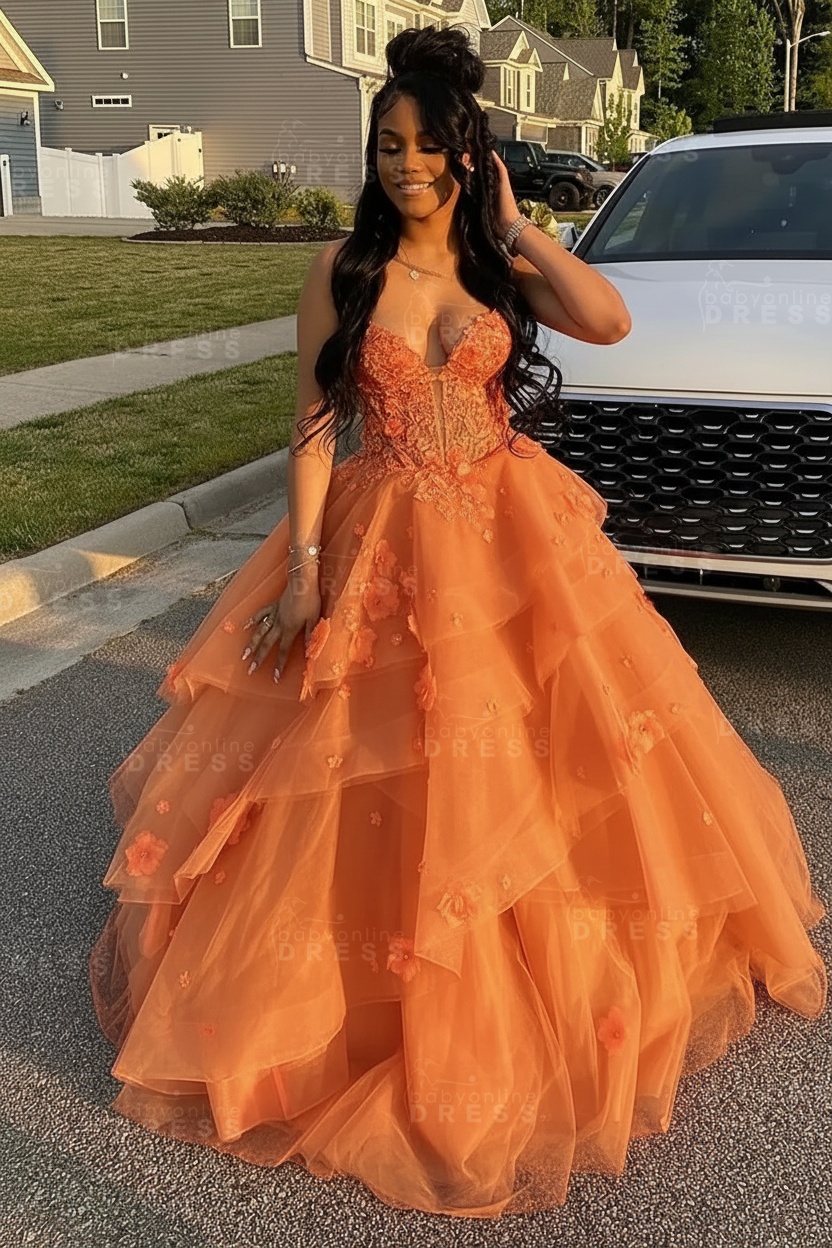 Sleeveless V-Neck Tulle Aline Prom Dress Floral Tiered Ruffles Corset Evening Dress