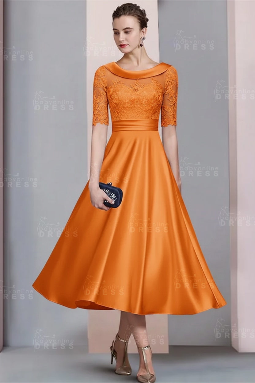 Elegant Ivory Jewel Lace Beading A-Line Tea Length Satin Wedding Guest Dress Formal Mother Dress