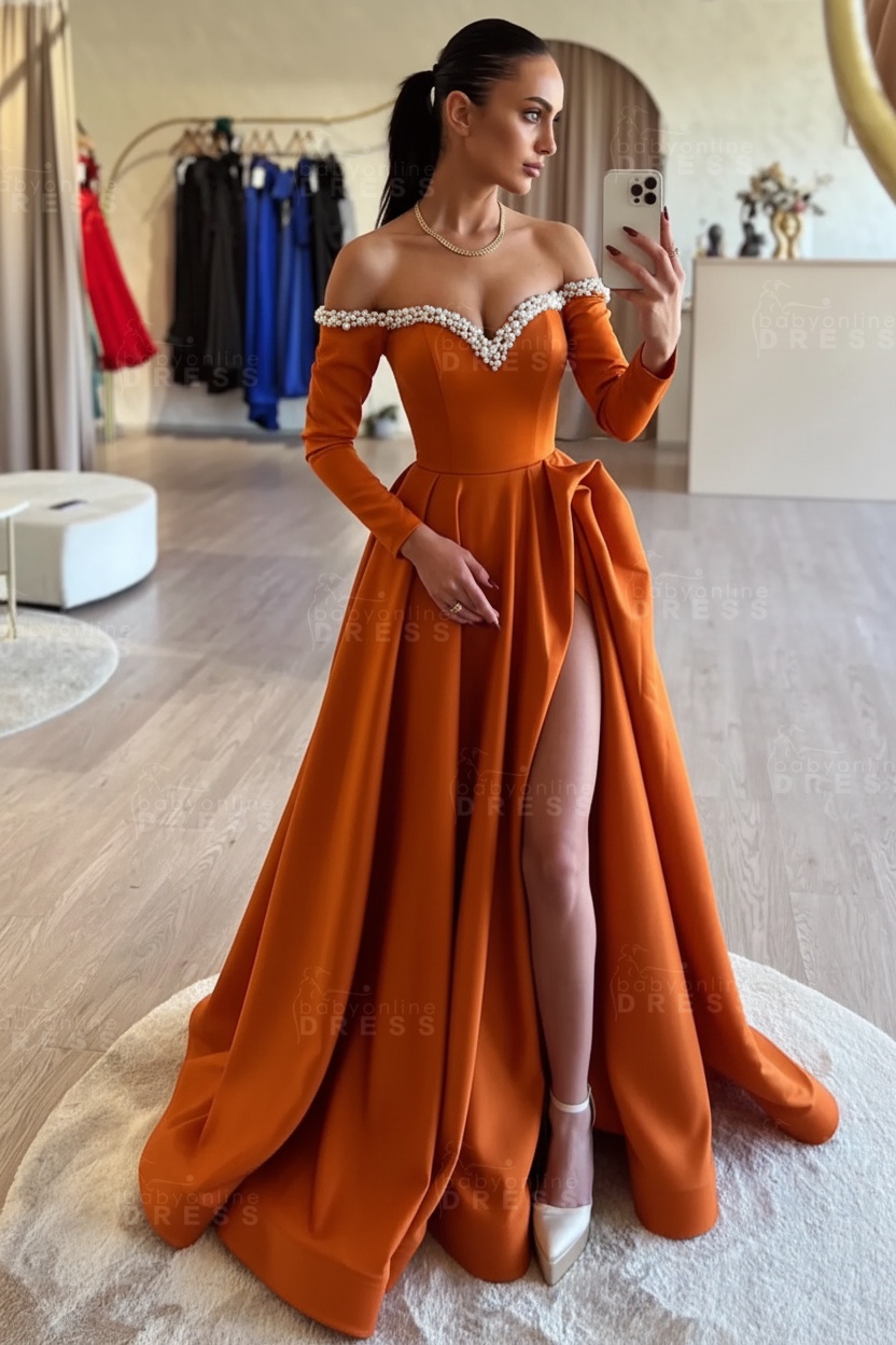 Long sleeves Pearls A-line Princess Front Split Black Prom Dresses