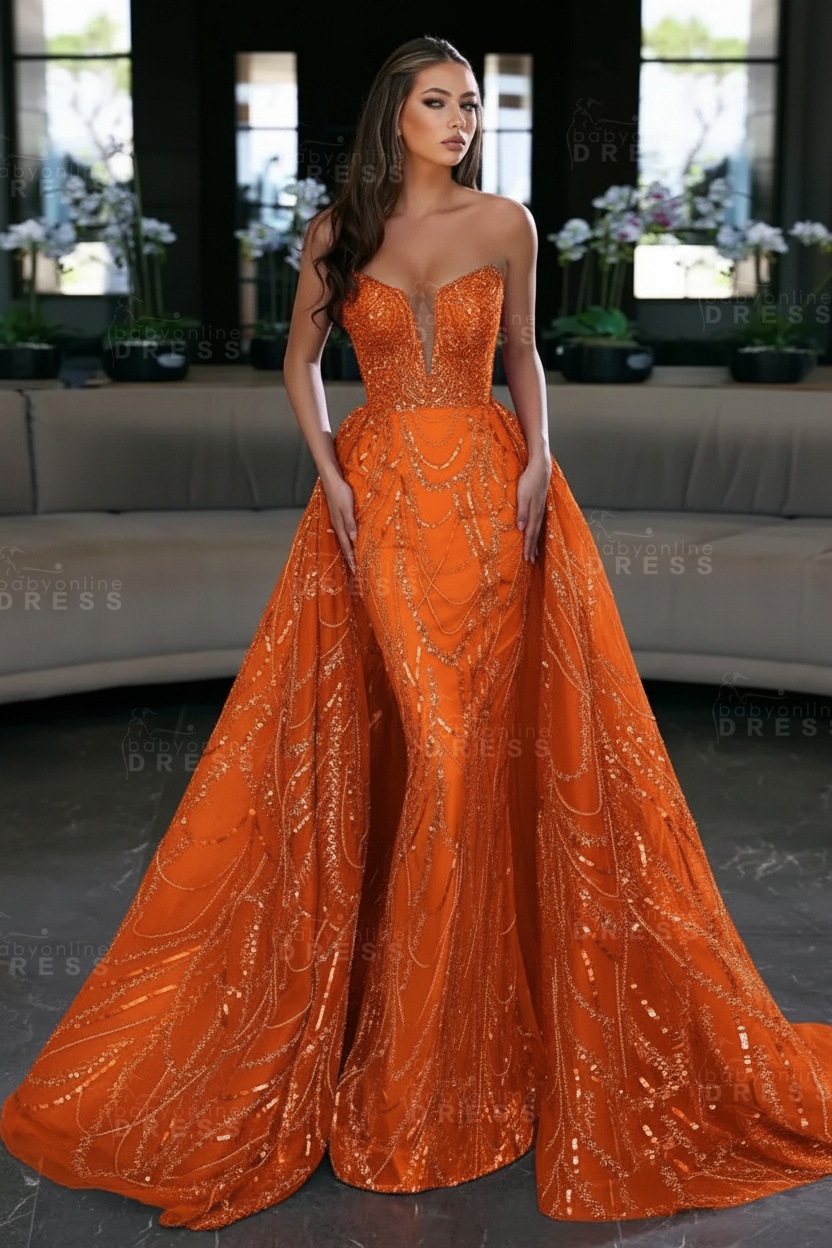Blue Sequin Mermaid Sweetheart Prom Dresses with Overskirt