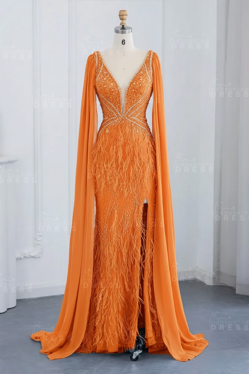 Glamorous V-Neck Fur Beadings Front Slit Mermaid Evening Gowns with Tulle with Cape Sleeves Wedding Party Dress