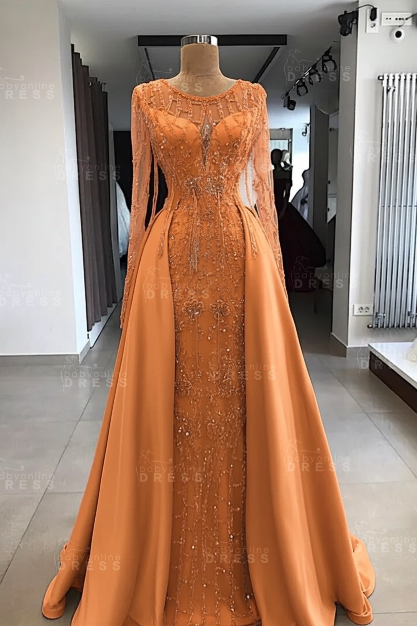 Shining Beaded Long Sleeves Round Neck Prom Dresses With Over Skirt | A Line Evening Gowns