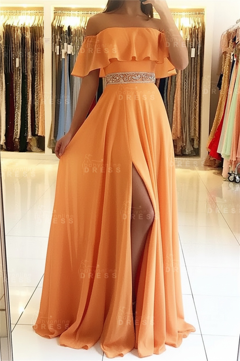 Sky Blue Off The Shoulder Evening Dresses Sexy | Chiffon Side Slit Prom Dress with Crystals Belt