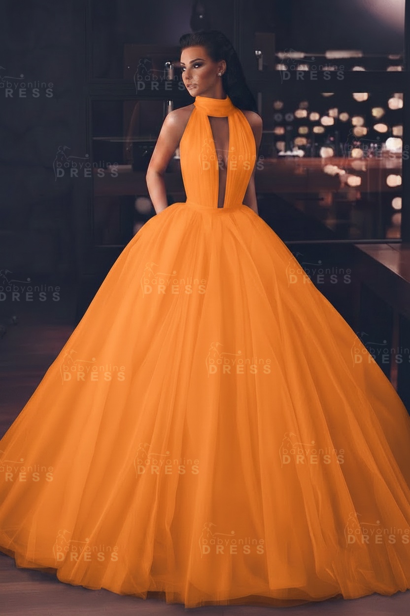Sexy High-Neck Sleeveless Ball Gown Evening Dress with Pockets