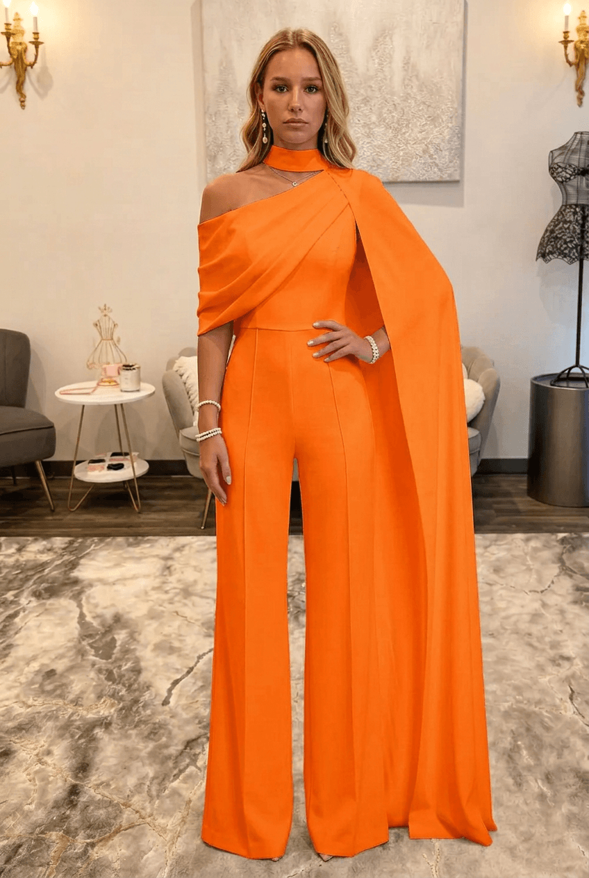 Orange Asymmetric Neck One-Shoulder Bridal Formal Jumpsuit with Sash