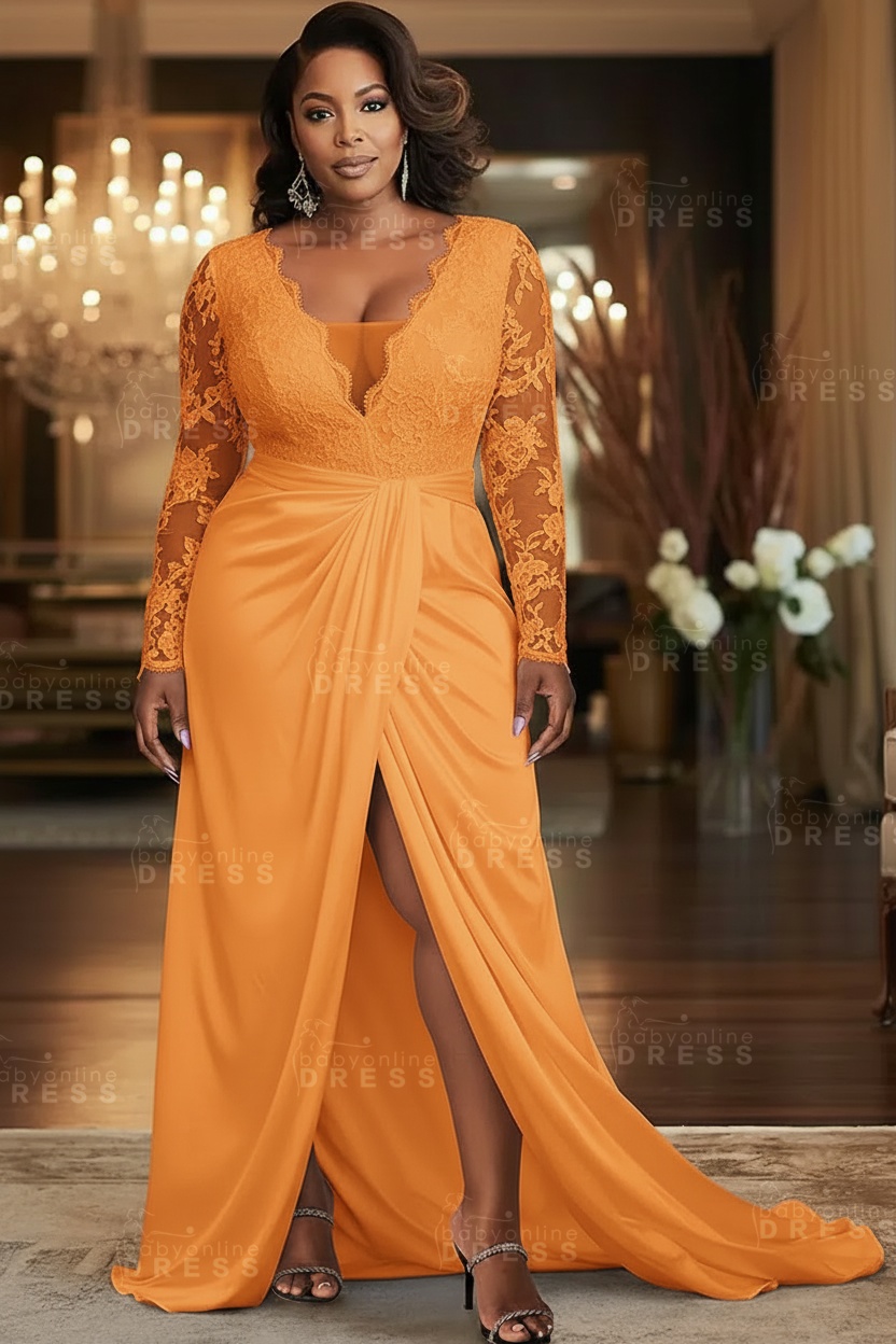 V-neck Appliques Lace Long Sleeve A-Line Prom Dresses with Slit