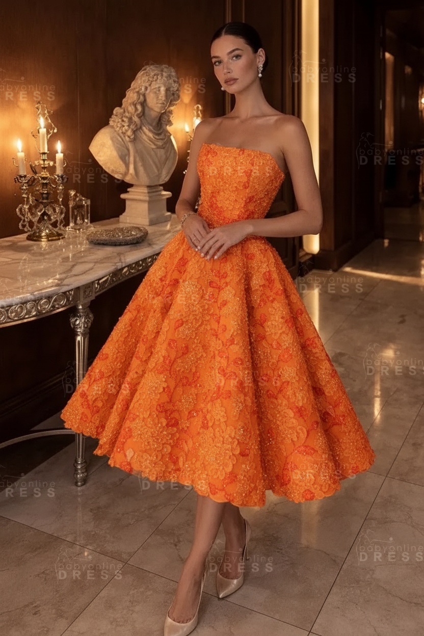Strapless Yellow Floral A-Line Tea Length Prom Dress with Beadings
