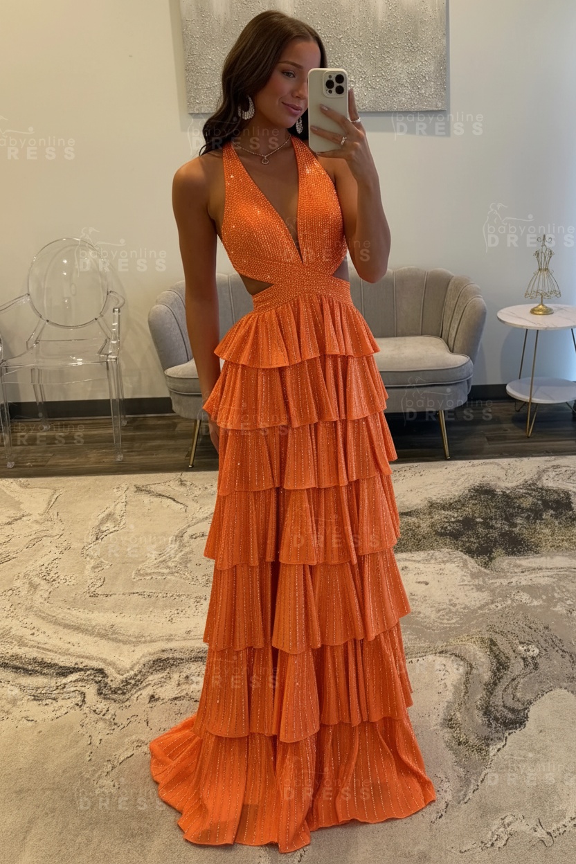 Halter Aline Prom Dress Sequined V-Neck High Split Evening Dress Long