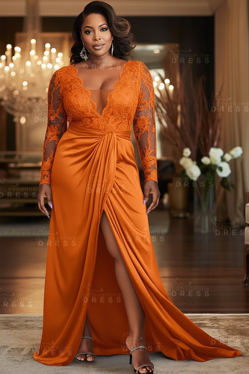 V-neck Appliques Lace Long Sleeve A-Line Prom Dresses with Slit