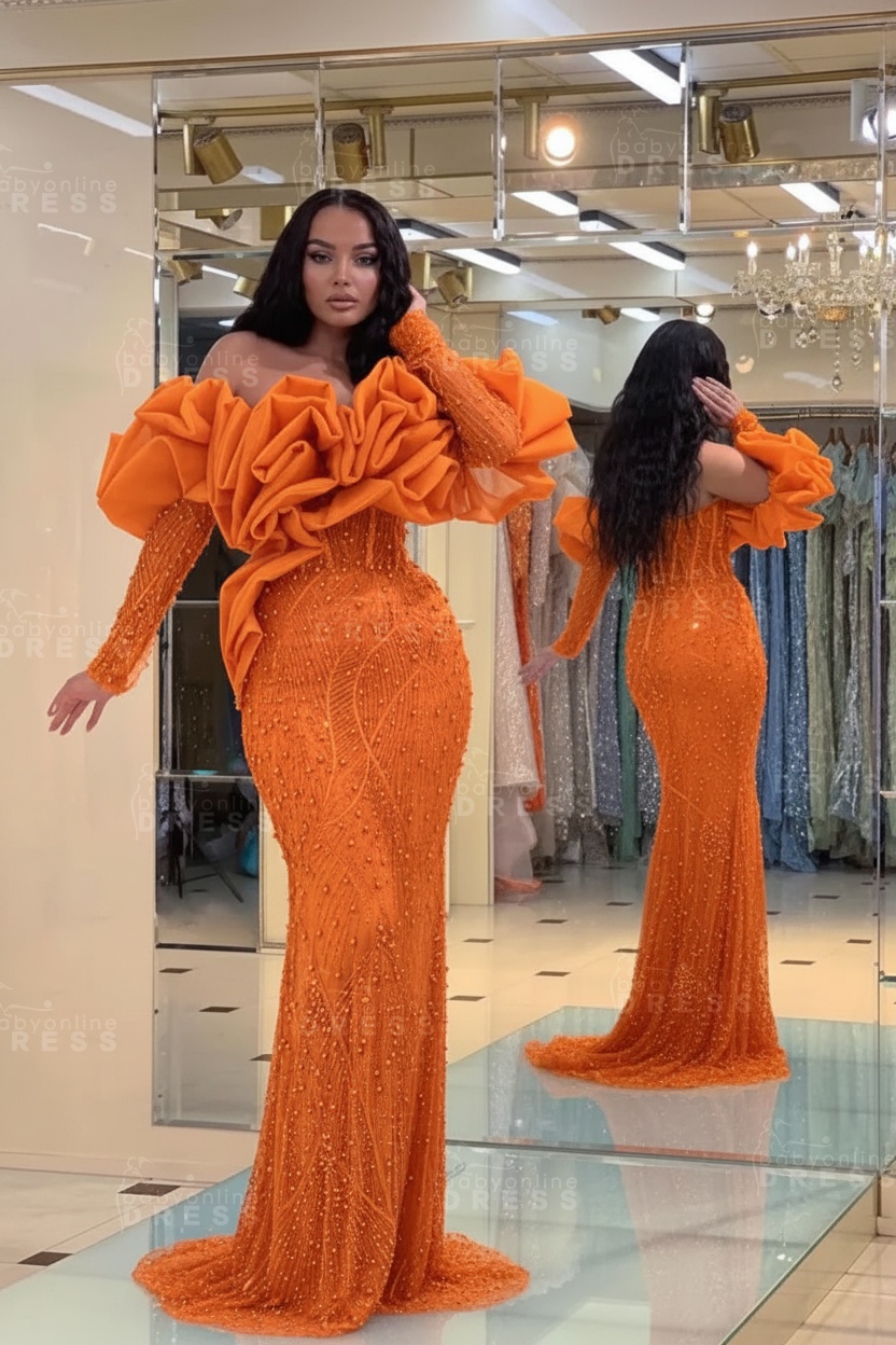 Bubble Sleeves Long Mermaid Prom Dress with Sequins and Beadings