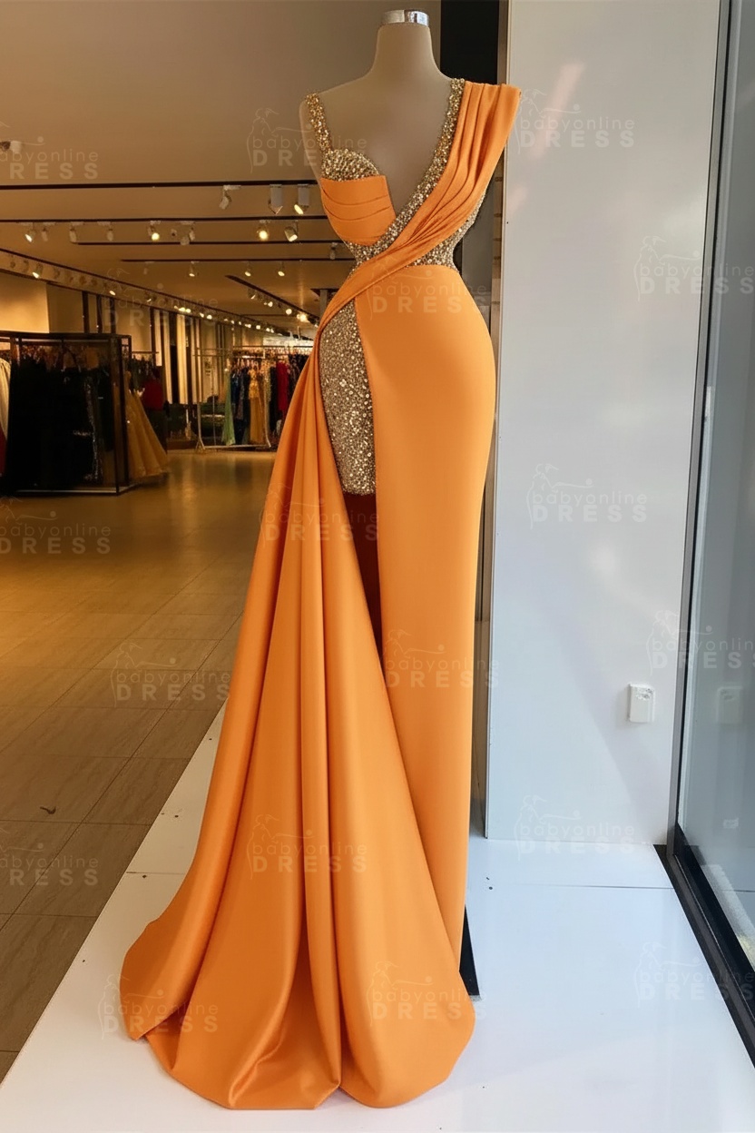 Luxury Satin Prom Dress Sleeveless with Sequins Sleeveless Evening Gown
