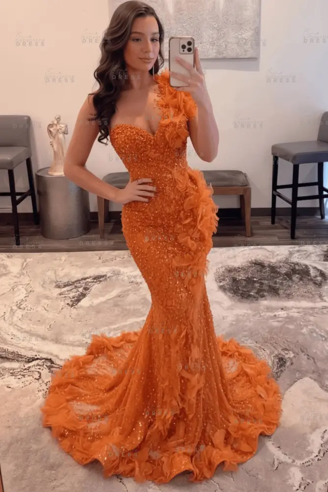 Luxury One Shoulder Sequins Mermaid Prom Dress with Beadings Evening Gown Appliques