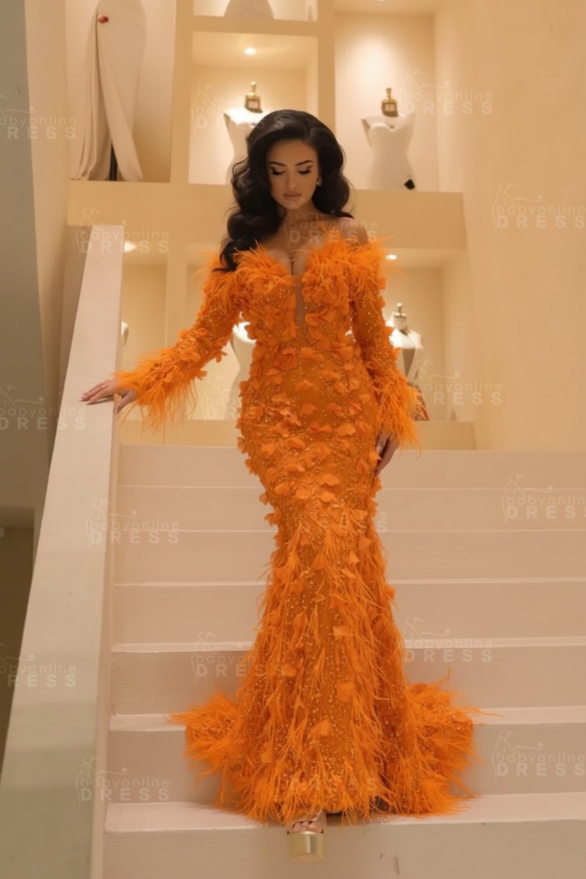 V-neck Long Sleeves Mermaid Evening Dresses Floor Length with Flowers