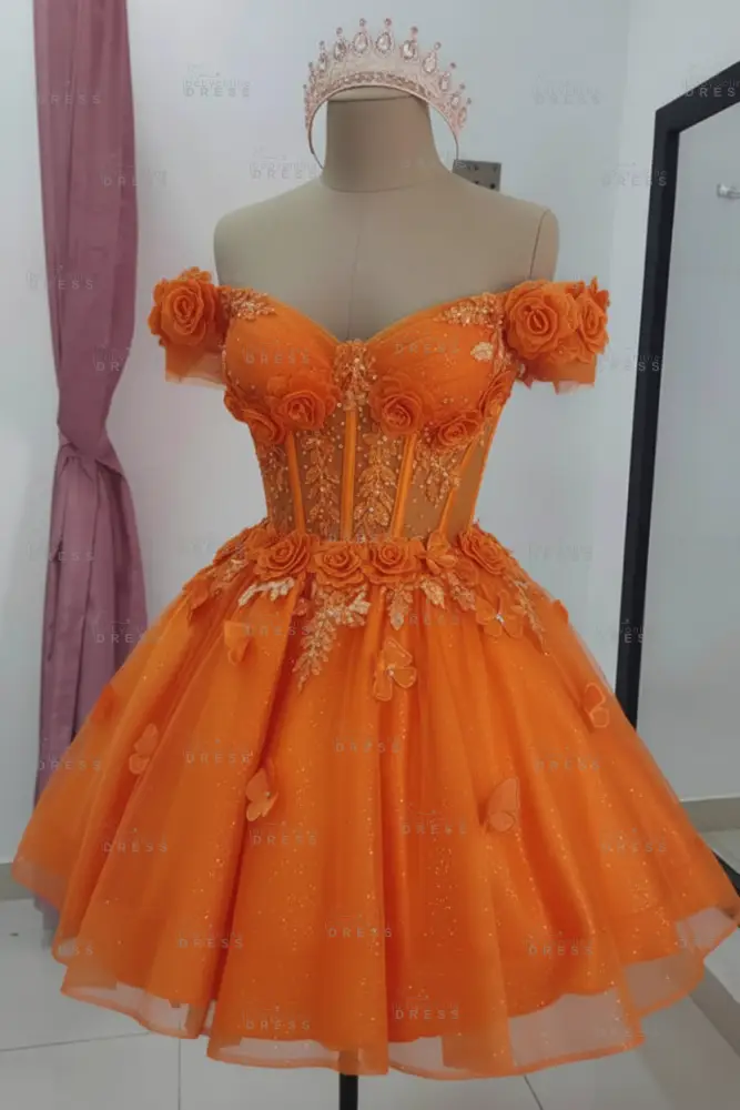 Orange Sparkly Off Shoulder Tulle Homecoming Dresses Short