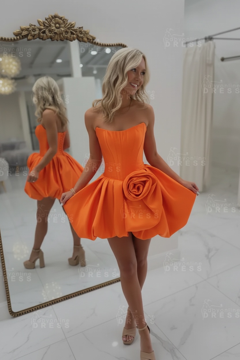 Strapless Satin Corset Short A-Line Homecoming Dress with Flowers