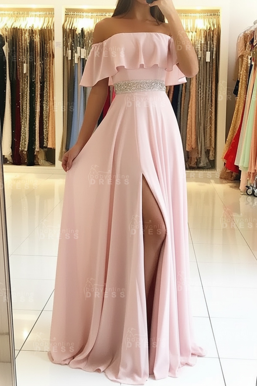 Sky Blue Off The Shoulder Evening Dresses Sexy | Chiffon Side Slit Prom Dress with Crystals Belt