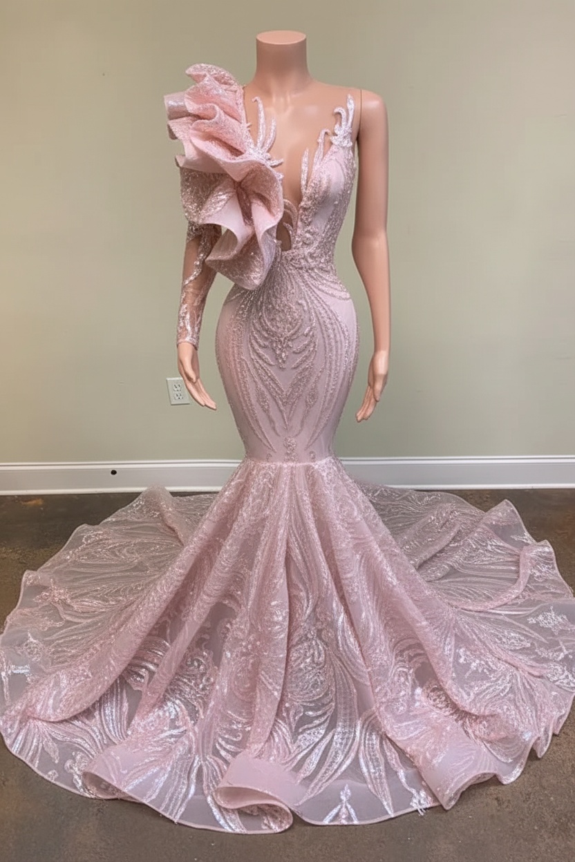 Chic Black Long Sleeve Asymmetrical Floor Length Mermaid Prom Dress