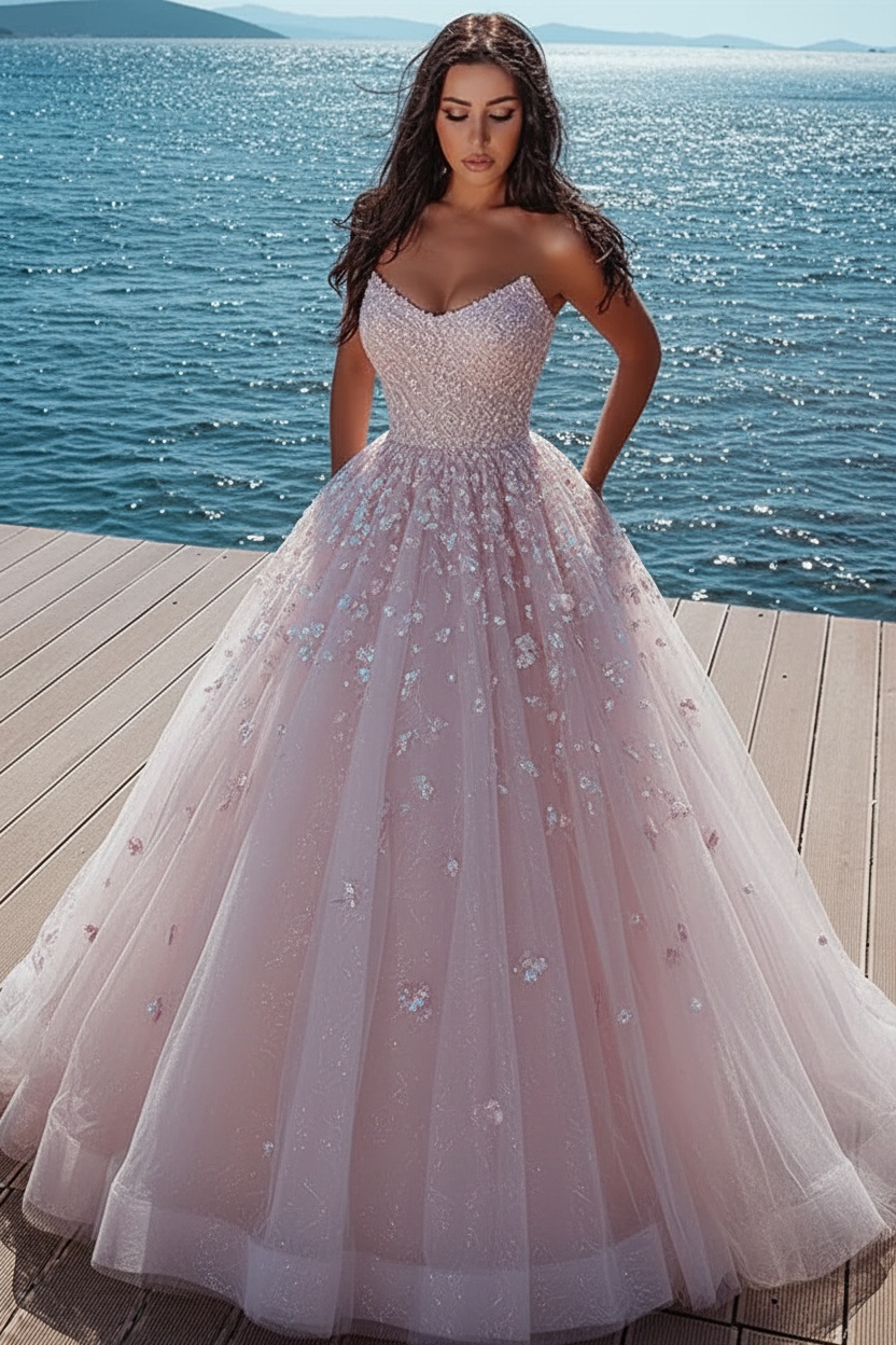 Elegant sky blue Butterfly Strapless Sweetheart Tulle Sparkle Prom Dress