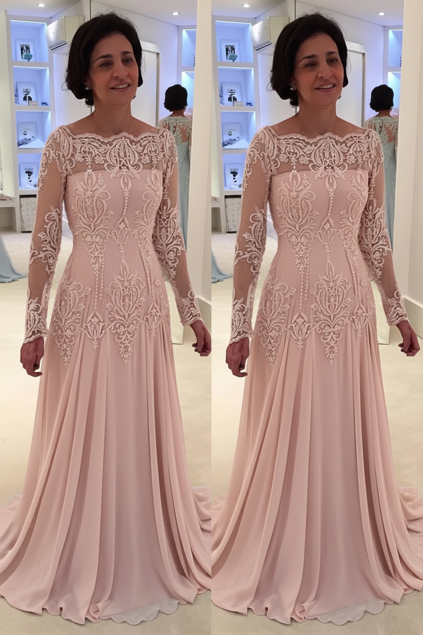 Elegant Floor-Length Lace Long-Sleeves A-line Mother of the Bride Dress 