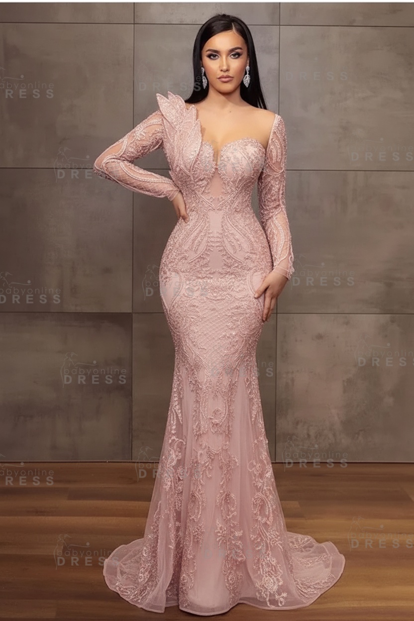 Stunning Burgundy Beadings Long Sleeves Mermaid Prom Dress