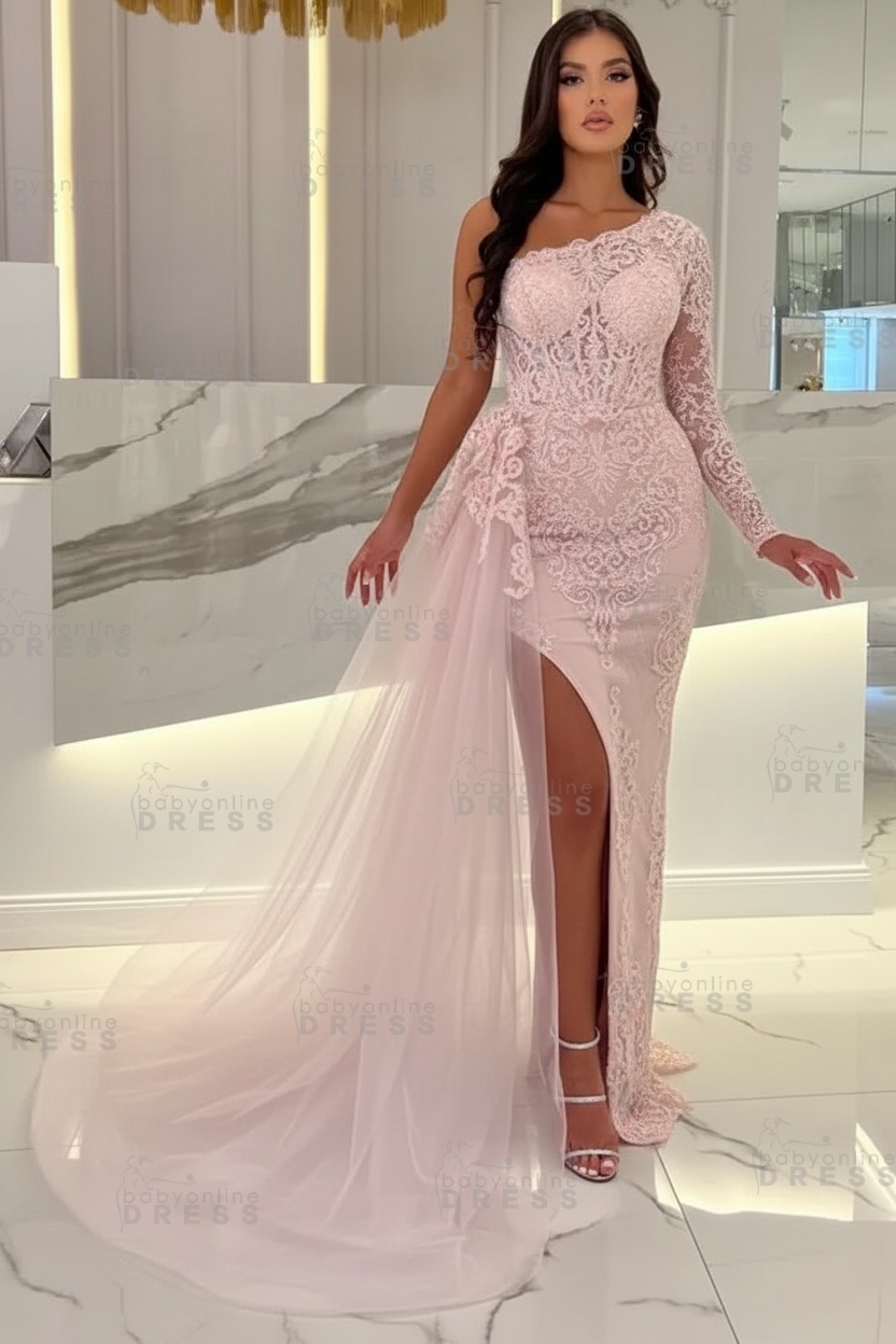 Sexy Sky blue One-shoulder Mermaid Prom Dress Tulle with High split