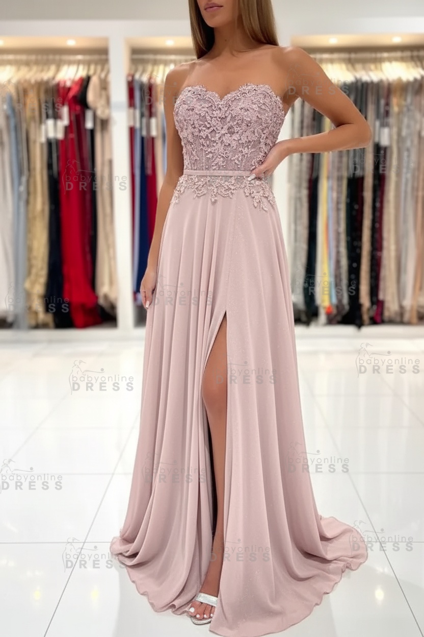 Sweetheart Strapless A-Line Chiffon Floor Length High Split Prom Dress