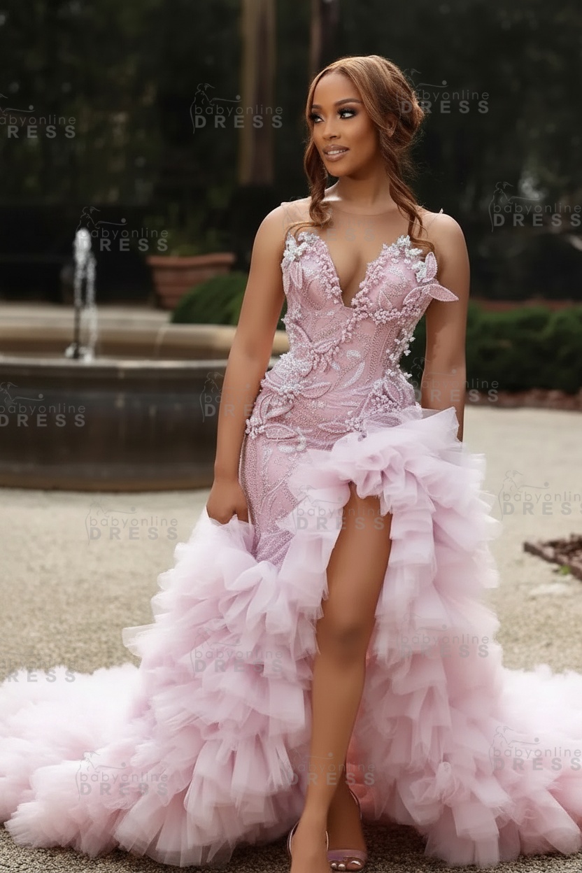 Gorgeous Pink Sweetheart Beadings Sleeveless Mermaid Prom Dress with Ruffles